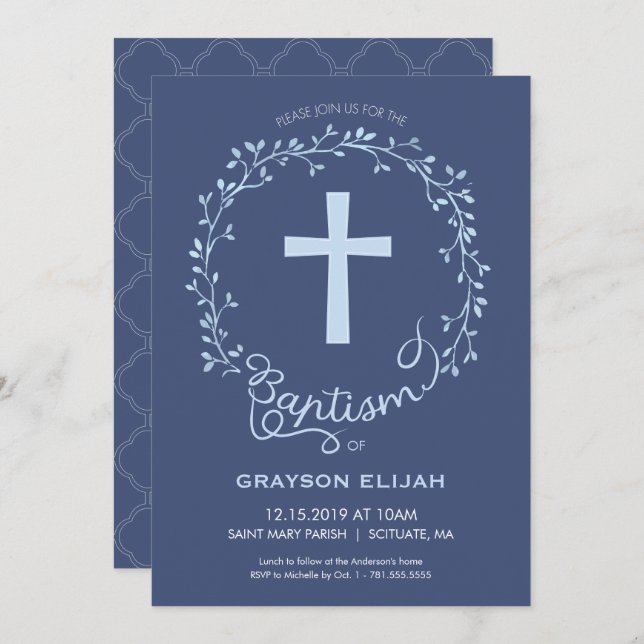 Baptism, Christening Invitation - Baby Boy Invite (Front/Back)