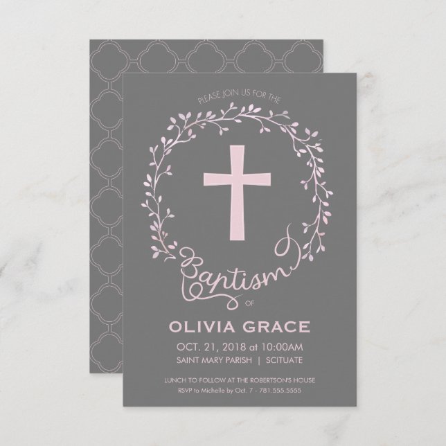 Baptism Christening Invitation - Baby Girl Invite (Front/Back)