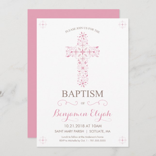 Baptism, Christening Invitation - Baby Girl Invite (Front/Back)