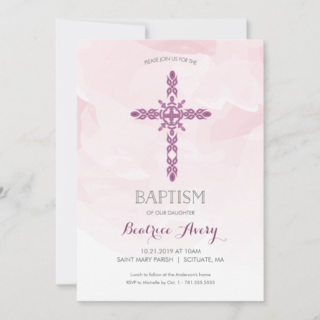 Baptism, Christening Invitation, trendy watercolor Invitation (Front)