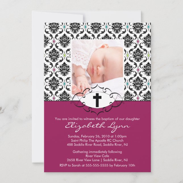 Baptism Christening Invitations Photo Black Damask (Front)