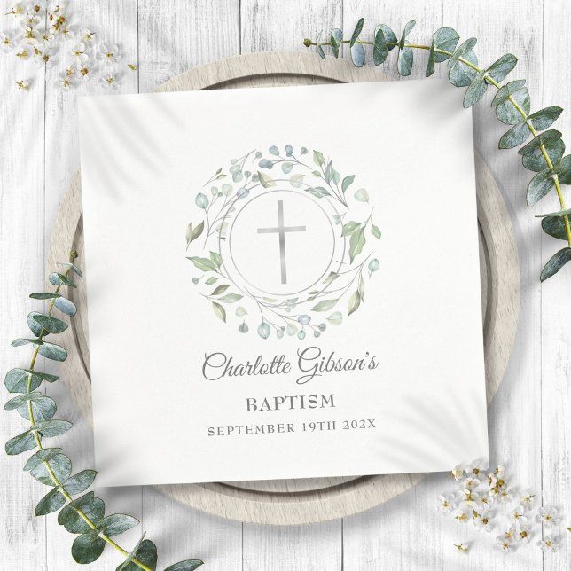 Baptism Christening Laurel Floral Silver Cross Napkin (Baptism Christening Laurel Floral Silver Cross Napkins)