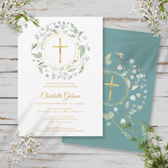 Baptism Christening Laurel Garland Gold Cross Invitation (Creator Uploaded)