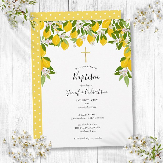 Baptism Christening Lemons Floral Elegant Modern Invitation (Baptism Christening Lemons Floral Elegant Modern Invitation)