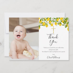 Baptism Christening Lemons Gold Cross Photo Thank You Card