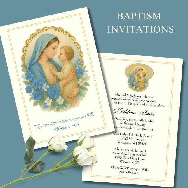  Baptism Christening Mary Jesus Blue Floral Invitation (Creator Uploaded)