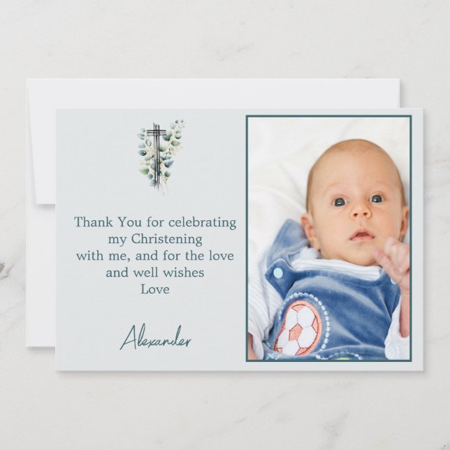 Baptism Christening Modern Boy Thank You Photo  Invitation (Front)