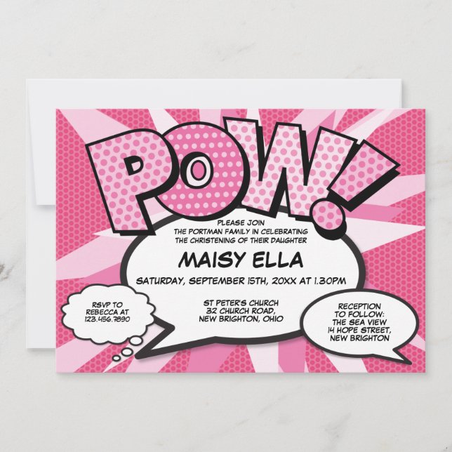 Baptism Christening Modern Comic Book Pink Invitation (Front)