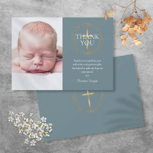 Baptism Christening Modern Gold Garland Photo Thank You Card