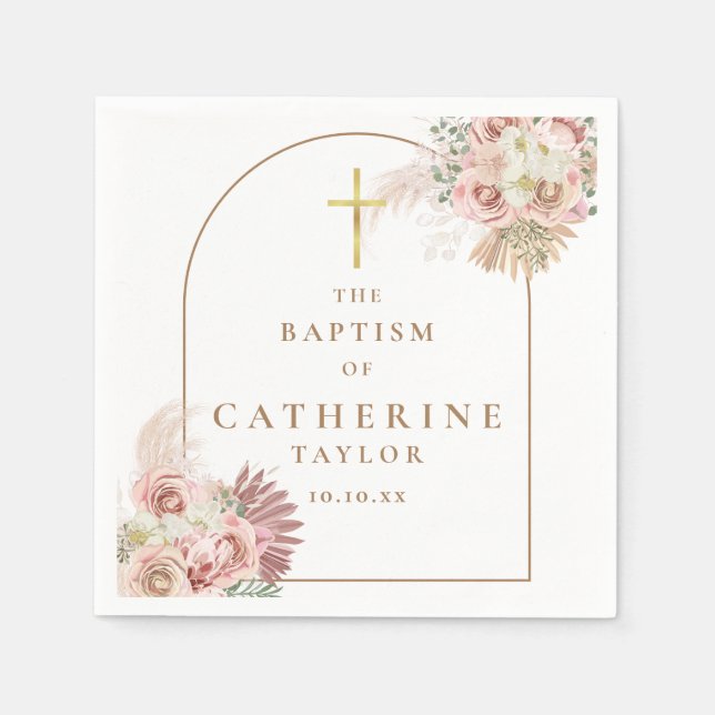 Baptism Christening Pampas Grass Floral Napkin (Front)