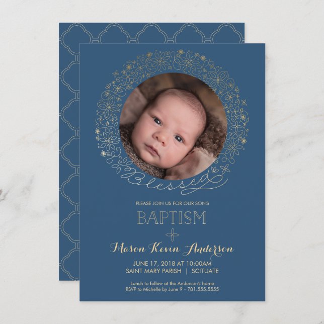 Baptism, Christening Photo Invitation, Boys Invite (Front/Back)
