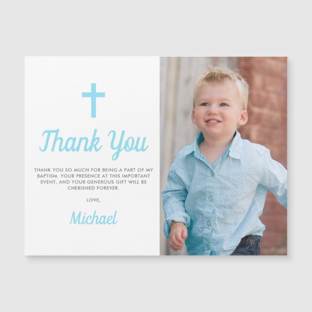 Baptism Christening Photo Magnet Thank You Card (Front)
