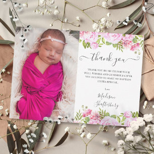Baptism Christening Photo Pink Rose Floral Thank You Card