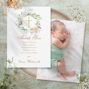 Baptism Christening Photo Roses Floral Gold Thank You Card