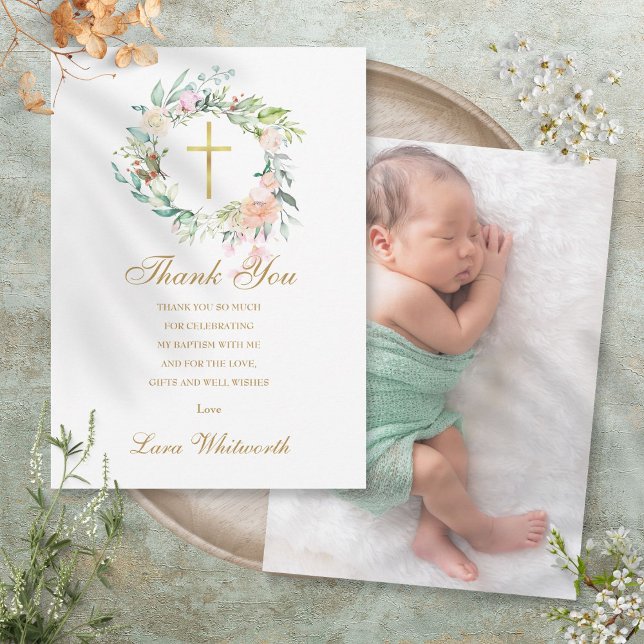 Baptism Christening Photo Roses Floral Gold Thank You Card (Baptism Christening Photo Roses Floral Gold Thank You Card)