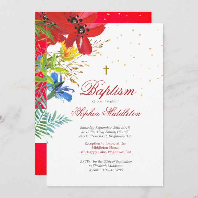 Baptism Christening  Red Wild Flowers Religious Invitation (Front/Back)