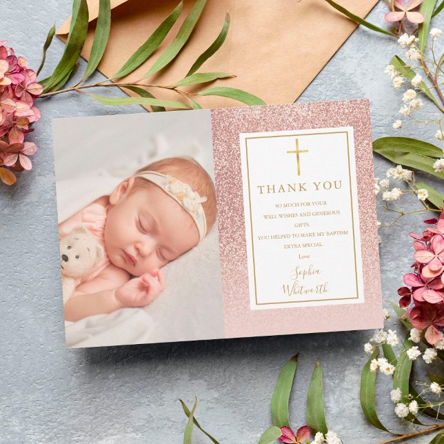 Baptism Christening Rose Gold Glitter Photo Thank You Card (Creator Uploaded)