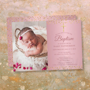 Baptism, Christening Rose Gold Hearts Photo Invitation