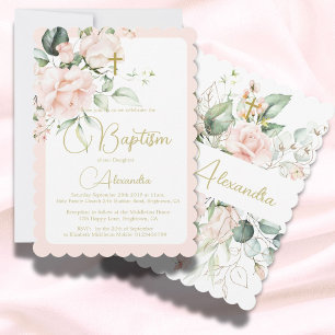 Baptism Christening Roses Pink Elegant Religious Invitation