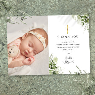 Baptism Christening Rustic Greenery Photo Thank You Card