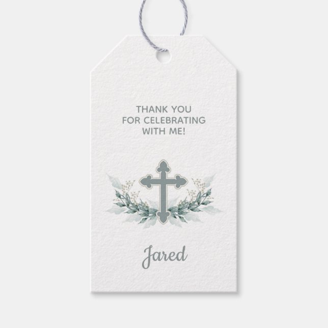 Baptism, Christening Sage Cross Favour Gift Tag (Front)
