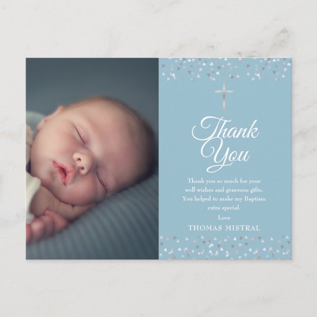 Baptism Christening Silver Hearts Photo Thank You Postcard (Front)