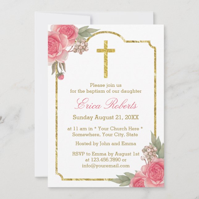 Baptism Christening Vintage Floral Gold Framed Invitation (Front)