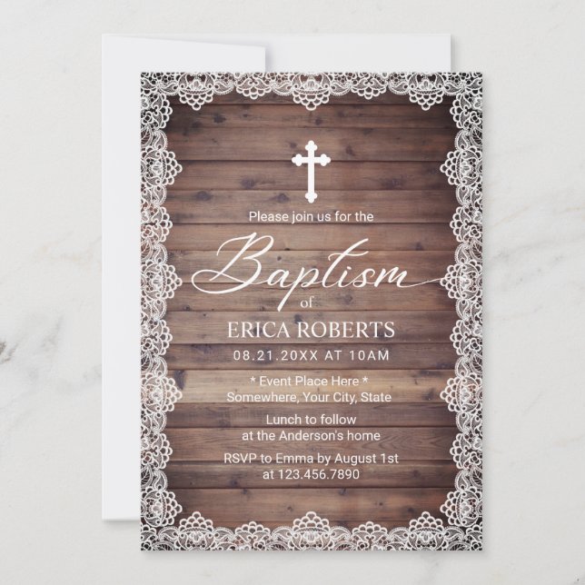 Baptism Christening Vintage Lace Rustic Wooden Invitation (Front)
