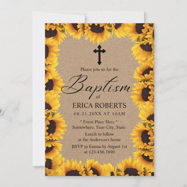 Baptism Christening Vintage Sunflower Rustic Kraft Invitation (Front)