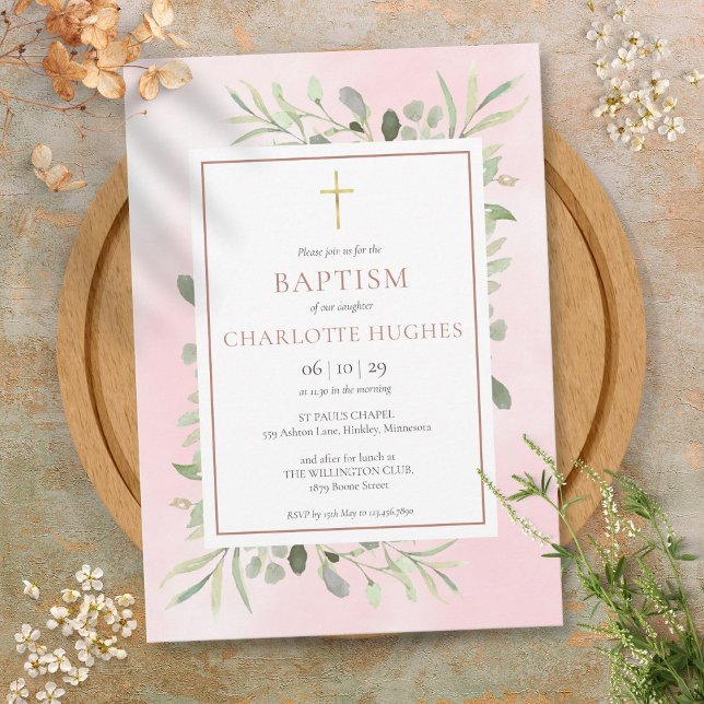 Baptism Christening Watercolor Greenery Rose Gold  Invitation (Baptism Christening Watercolor Greenery Rose Gold Invitation)