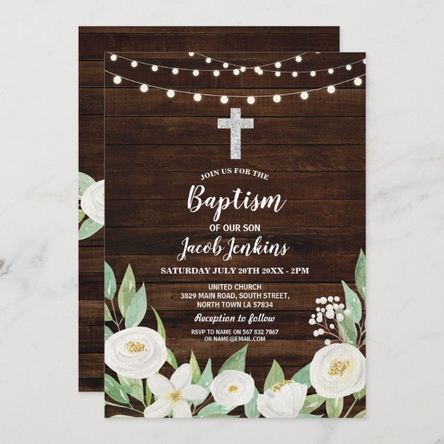 Baptism Christening White Flowers Rustic Wood Invitation (Front/Back)