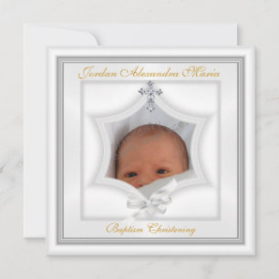 Baptism Christening White Star Photo Cross Bow Invitation