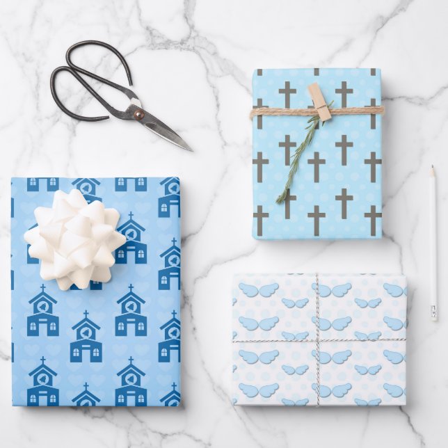 Baptism Church Cross Wings Wrapping Paper Sheet (Front)