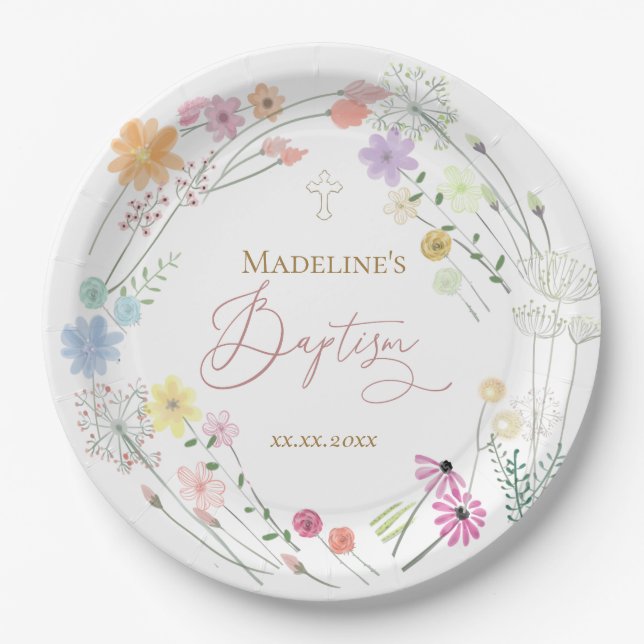 Baptism colourful wildflowers wreath paper plate (Front)