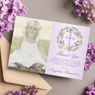 Baptism Communion Confirmation Girl Floral PHOTO Thank You Card