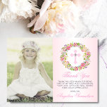Baptism Communion Confirmation Girl Floral PHOTO Thank You Card<br><div class="desc">Delicate floral wreath Baptism, Christening, First Holy Communion or Confirmation thank you cards for girl. Pastel blush pink rose with ombre background. Greenery, leaf floral wreath with lavender, pink, rose flowers and cross with faux diamond in middle. Affordable but not cheap looking! Perfect for your daughter's ceremony. These template cards...</div>