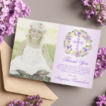 Baptism Communion Confirmation Girl Purple PHOTO Thank You Card<br><div class="desc">Delicate floral wreath Baptism, Christening, First Holy Communion or Confirmation thank you cards for girl. Pastel lavender purple violet with ombre background. Greenery, leaf floral wreath with lavender, dark purple and mauve flowers and cross with faux diamond in middle. Affordable but not cheap looking! Perfect for your daughter's ceremony. These...</div>