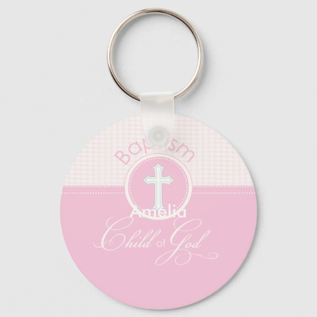 Baptism Congratulations Pink, Round Gifts Key Ring (Front)