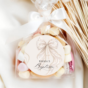 Baptism Coquette Bow with Pearl Classic Round Sticker
