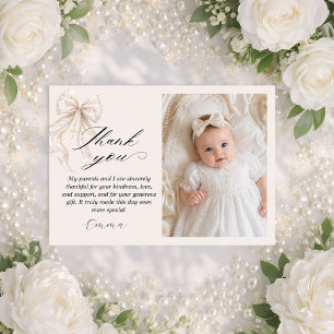 Baptism Coquette Bow with Pearl Photo Flat Thank You Card