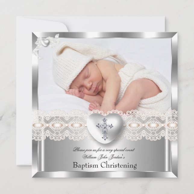 Baptism Cream Silver Photo Heart Cross Boy Girl 2 Invitation (Front)