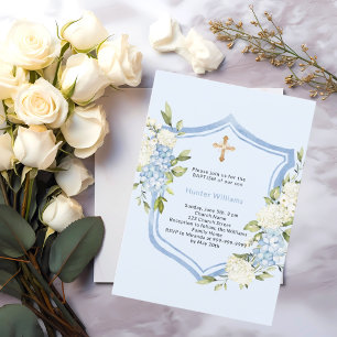 Baptism crest blue florals boy invitation