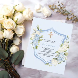 Baptism crest blue florals boy invitation