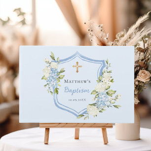 Baptism crest blue flowers boy guest book