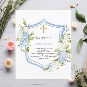 Baptism crest blue flowers boy invitation