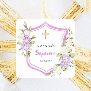 Baptism crest pink purple flowers girl square sticker