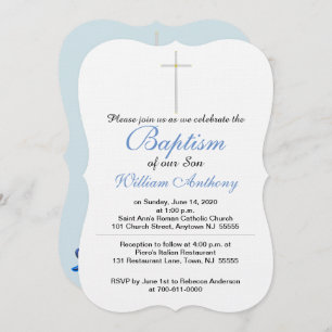 Baptism Cross Blue Grey Baby Rattle Invitation