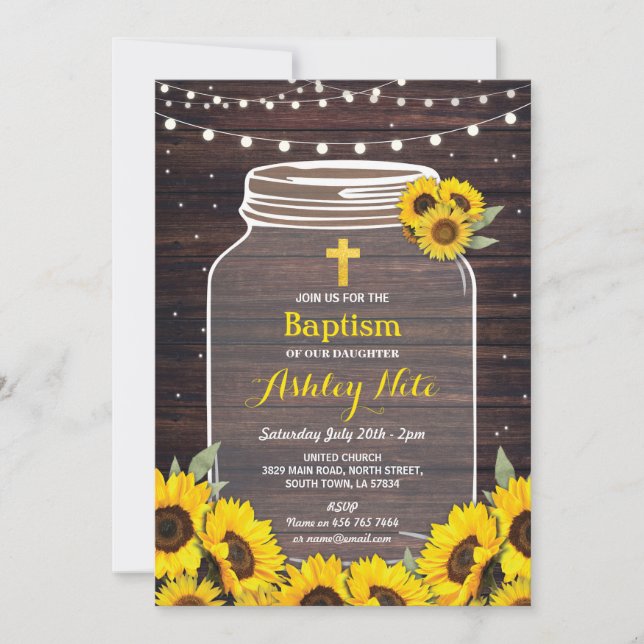Baptism Cross Christening Baby Jar Wood Sunflower Invitation (Front)