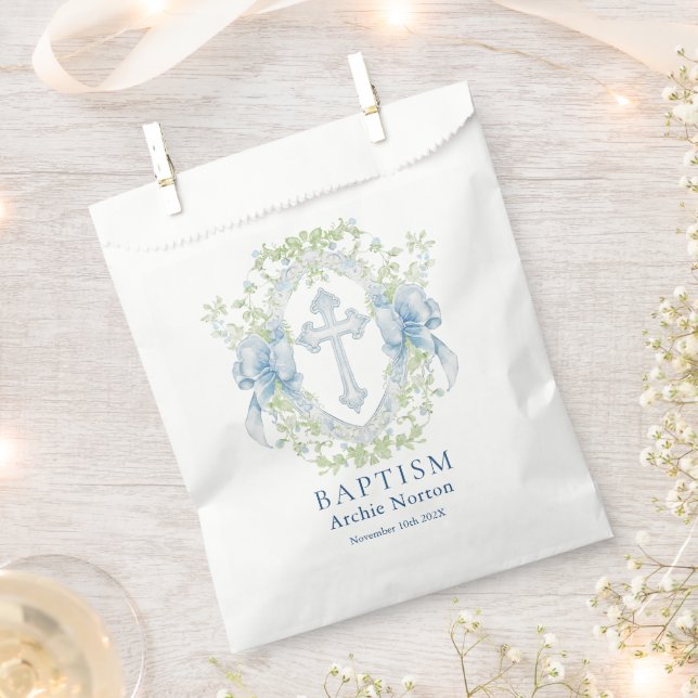 Baptism Cross Crest Greenery Baby Boy  Favour Bags (Clipped)