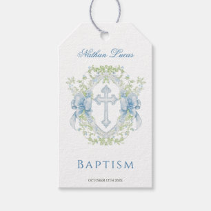 Baptism Cross Crest Greenery Baby Boy Gift Tag